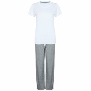 Towel City Női hosszú pamut pizsama szett - Fehér / szürke melírozott | S